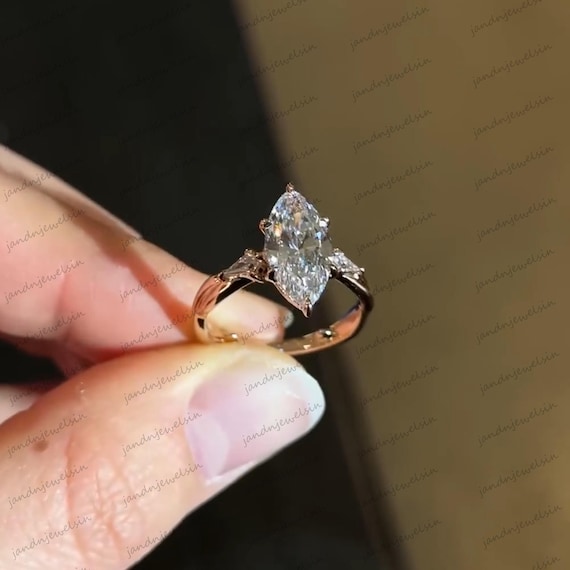 Marquise Cut Moissanite Engagement Ring 14K Rose Gold Unique Solitaire Ring Vintage Inspired Wedding Anniversary Promise Ring for Women