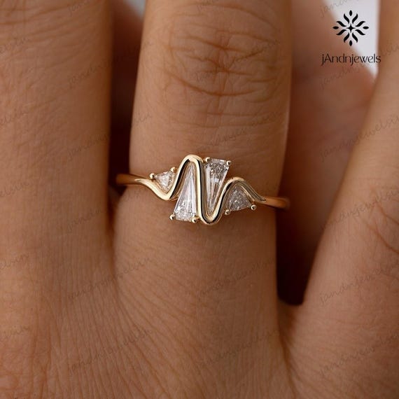 1TCW Tapered Baguette Moissanite Wave Ring 14K Gold Modern Art Deco Ring Unique Geometric Engagement Ring Minimal Bridal Ring For Her