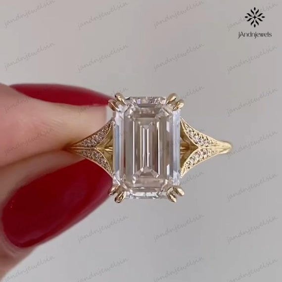 4 CT Emerald Cut Moissanite Engagement Ring Double Prong Split Shank Ring 14K Gold Bridal Ring Unique Wedding Ring Solitaire Statement Ring