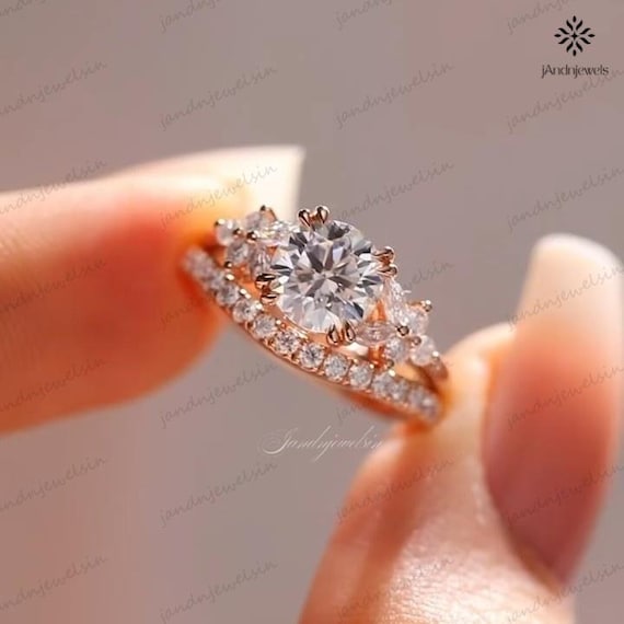 Round Moissanite Engagement Ring Set 14K Gold bridal Ring Set Vintage Inspired Double Band Unique Bridal Wedding Ring Anniversary Gifts