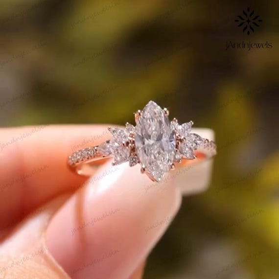 Marquise Engagement Ring Cluster Ring 14K Solid Gold Ring Unique Vintage Wedding Ring for Women Floral Marquise and Round Diamond Ring