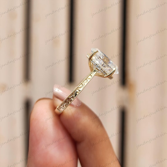 Vintage Engraved Oval Moissanite Engagement Ring 14K Gold Ring Hidden Halo Oval Solitaire Ring Unique Wedding Ring Promise Anniversary Ring