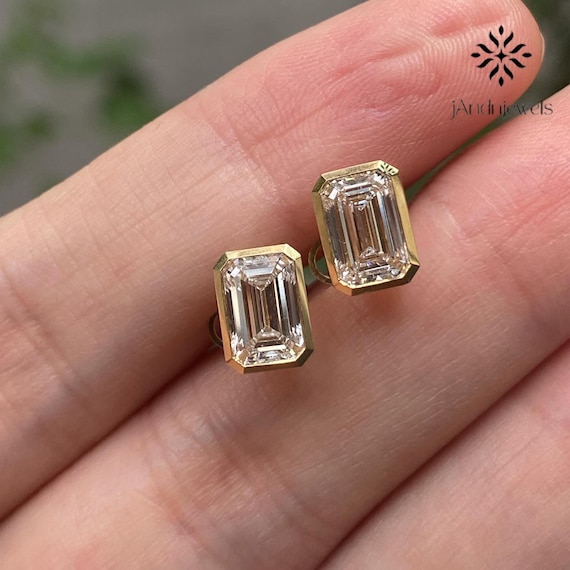 18K Gold Diamond Earrings Elegant Emerald Cut Studs Bezel Set Push Backs Dainty Modern Minimalist Gift For Her