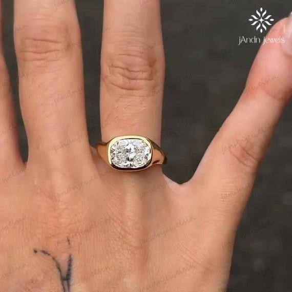 Unique East West Bezel Set Cushion Cut Moissanite Engagement Ring 14K Solid Gold Wedding Ring Anniversary Ring Christmas Gift Proposal Ring