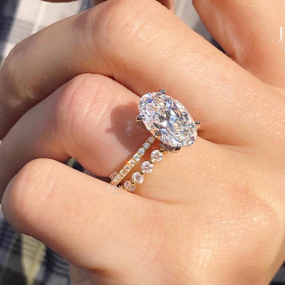 3 CT Oval Cut Moissanite Wedding Ring Set, Oval Diamond Hidden Halo Bridal Ring Set, Round Cut Bubble Matching Stackable Band, Gift For Love