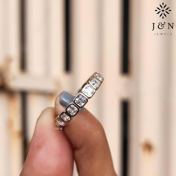 Asscher Cut Moissanite Full Eternity Band Classic Bezel Set Engagement Band 14k Yellow Gold Stacked Band For Women Anniversary Gift's