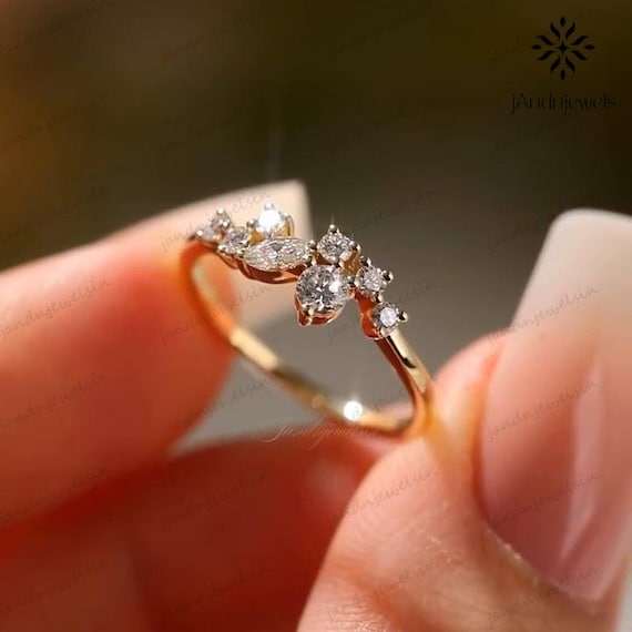 14K Gold Cluster Diamond Wedding Band with Marquise and Round Stones Unique Stacking Ring Dainty Anniversary Ring Vintage-Inspired Ring