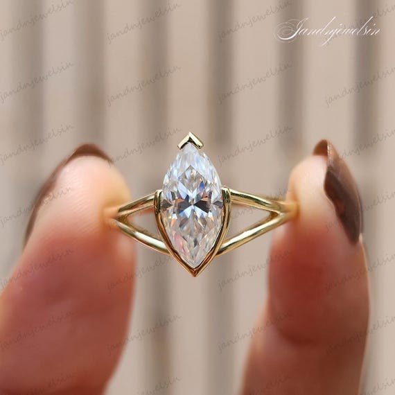 Marquise Cut Moissanite Engagement Ring 14K Gold Half Bezel Split Shank Solitaire Unique Christmas Gift Wedding Ring Engagement Ring