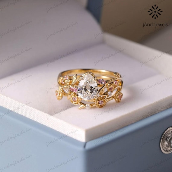 Nature Inspired Engagement Ring Set Floral Vine Bridal Set 2 CT Pear Cut Moissanite Engagement Ring Rose Flower Wedding Ring 14K Gold Ring
