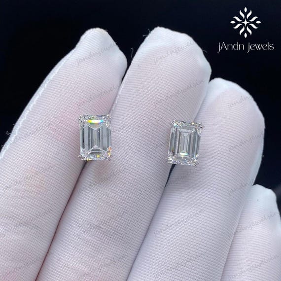 Emerald Cut Moissanite Stud Earrings 14K Solid Gold Emerald Moissanite Studs Dainty Classic Gift Earrings for Her