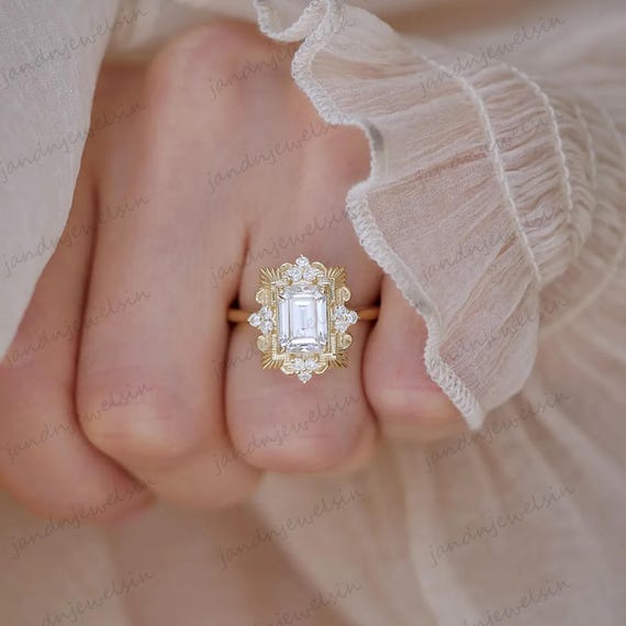 Art Deco Engagement Ring Emerald Cut Colorless Moissanite Diamond Ring Halo Wedding Ring 14K Solid Gold Ring Classic Designs Inspire Ring