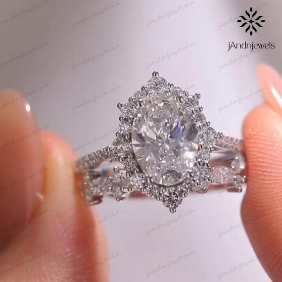 3CT Oval Moissanite Engagement Ring Set: 18K Solid Gold Vintage Bridal Ring