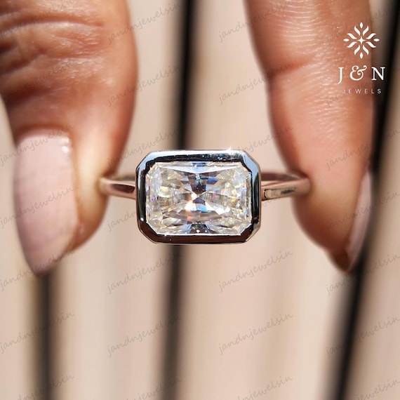 East west Radiant cut Moissanite Engagement Ring 14k gold Bezel set wedding Ring Bridal Ring Anniversary Gifts  Art deco Handmade Jewelry