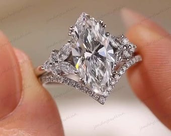 3CT Marquise Moissanite Bridal Set Ring Floral Diamond Accent Wedding Set Split Shank Engagement Ring 14k White Gold Unique Gift for Her