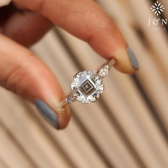 Vintage Asscher Cut Moissanite Engagement Ring in 14k Rose Gold Asscher Cut Diamond Wedding Ring Art deco Ring Anniversary For Women