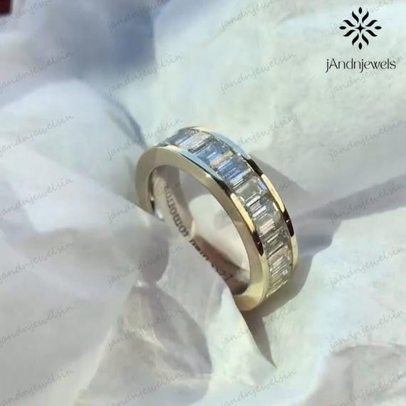 Channel Setting Baguettes Moissanite Wedding Band Colorless Half Eternity Promise Band 14K Gold Minimalist Proposal Gift Band For Valentine