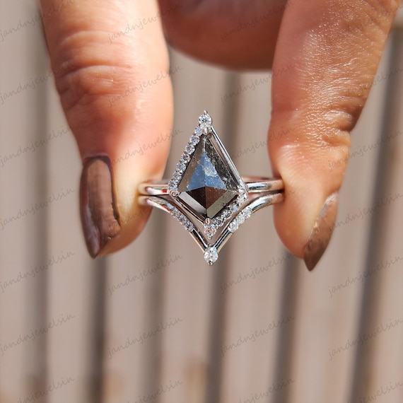 1.5CT Salt and Pepper Diamond Kite Engagement ring Diamond ring 14K Gold Diamond wedding ring Unique Anniversary ring Promise Ring
