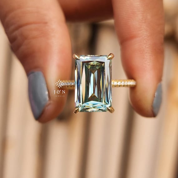 Green Criss Cut Moissanite Ring Elongated Emerald Cut Engagement Ring Solitaire Ring Midcentury Modern Ring Unique Criss Cut Wedding Ring