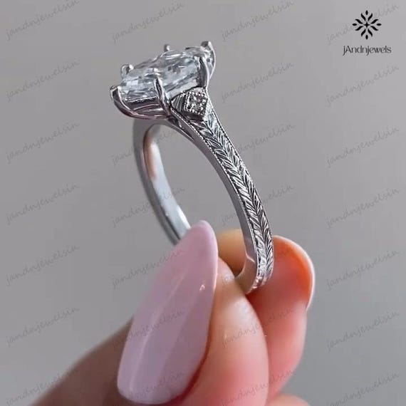 2CT Hexagon Cut Moissanite Engagement Ring 14K White Gold Art Deco Vintage Engraved Solitaire Bridal Ring Wedding Anniversary Gift for Her