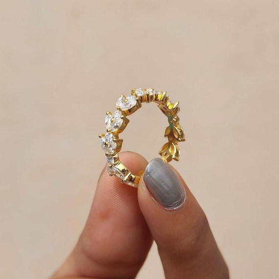 Three Fourth Eternity Marquise Moissanite Wedding Band With Alternating Marquise & Round Cut Moissanite Stones Solid 14K Yellow White Rose