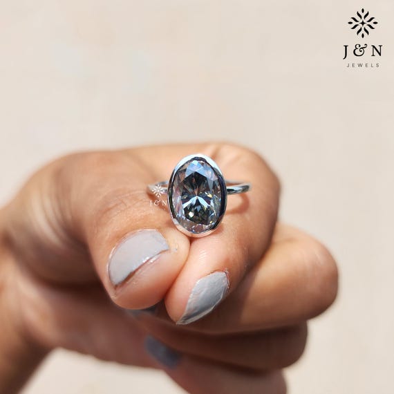 Gray Oval Moissanite Engagement Ring Bezel Set Bezel Set Ring 14K Gold Solitaire Ring Gray Oval Wedding Ring Unique Tulip Setting Ring