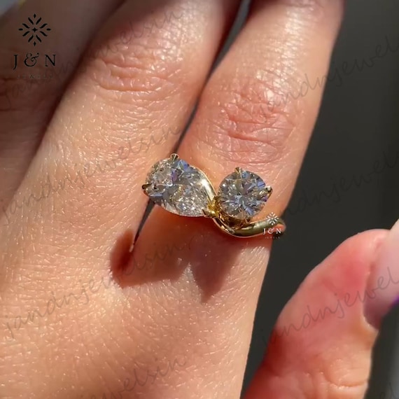 Round & Pear Cut Moissanite Toi et Moi Engagement Ring 14K Gold Unique Two Stone Bypass Ring Bridal Ring Anniversary Gift Promise Ring