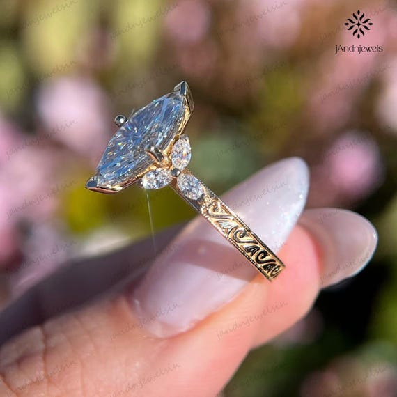 Cluster Marquise Cut Engagement Ring, 3 CT Marquise Moissanite Diamond Ring, 14K Gold Wedding Ring, ArtDeco Ring, V Prong Ring, Promise Ring