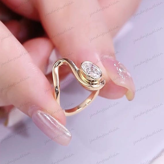 2CT Oval Moissanite Engagement Ring Bezel Set Ring 14K Gold Solitaire Ring Wedding Ring for Her Anniversary Gift Oval Bypass Ring