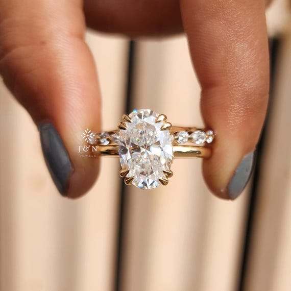 Oval Moissanite Bridal Set 14K Gold Hidden Halo Engagement Ring Set Solitaire Wedding Ring Set Vintage Inspired Gift for Her