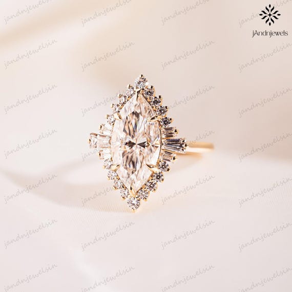 4CT Marquise Engagement Ring Art Deco Ring Starburst Halo Ring 14K Gold Ring Baguette Diamond Ring Moissanite Ring Statement Bridal Ring