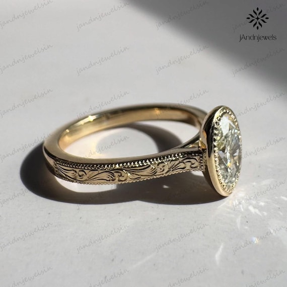 Bezel Set 2 CT Oval Cut Moissanite Engagement Ring, Vintage Art Deco 14K Gold Wedding Ring, Oval Diamond Solitaire Ring, Milgrain Set Ring