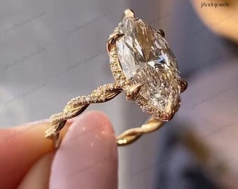 2.5CT Marquise Cut Moissanite Engagement Ring 14K Gold Twisted Vine Band Vintage Solitaire Ring Unique Leaf Design Bridal Ring Gift for Her