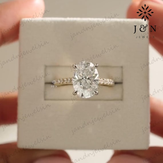 3CT Oval Moissanite Engagement Ring 14K Gold Solitaire Hidden Halo Ring Pave Band Wedding Ring Anniversary Gift for Her Proposal Ring