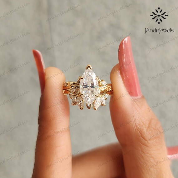Vintage Marquise Moissanite Bridal Ring Set Fairy Leaf Engagement Ring Nature Inspired Flower Wedding Set Handmade Promise Ring for Her