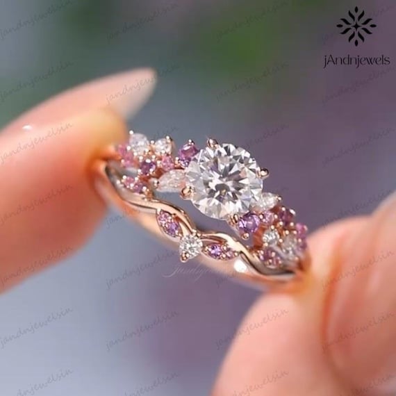 2CT Round Moissanite Engagement Ring Set 14K Rose Gold Floral Bridal Set Pink Sapphire Cluster Nature Inspired Wedding Ring Anniversary Gift