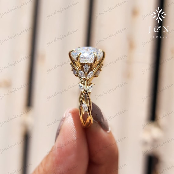 Floral Portuguese Cut Lab Grown Engagement Ring Vintage 14K Gold Lab Grown Diamond Wedding Ring Nature Inspire Ring Promise Ring For Her