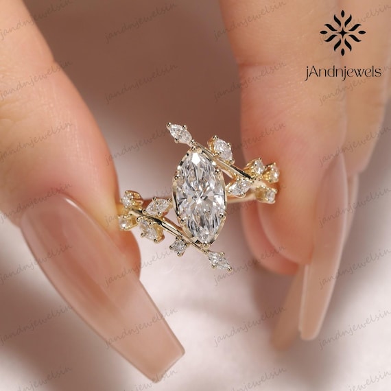 Nature Inspired Marquise Engagement Ring Twig & Leaf Vine Moissanite Ring 14K Yellow Gold Branch Ring Unique Marquise Wedding Ring for Her