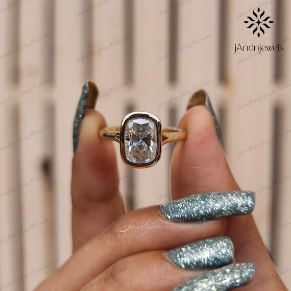 2CT Elongated Cushion Cut Simulated Engagement Ring Bezel Set Wedding Ring 14K Solid Gold Solitaire Ring Anniversary Gift For women