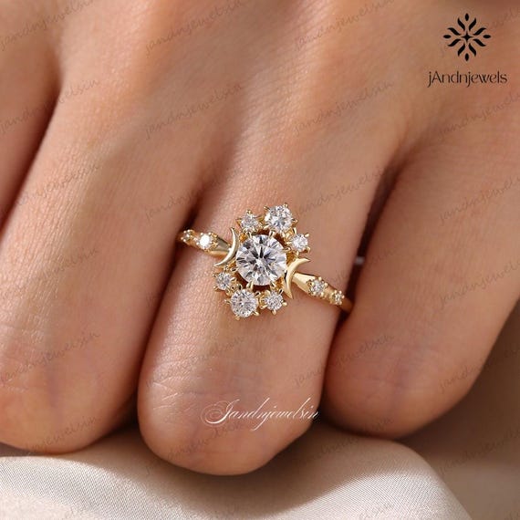 Celestial Moissanite Engagement Ring Moon and Stars Ring 14K Gold Wedding Ring Unique Bridal Ring Promise Ring for Her