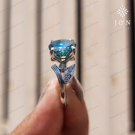 Cyan Blue Portuguese Cut Moissanite Engagement Ring Vintage Floral Wedding Ring 14k Gold Solitaire Diamond Ring Unique Nature Inspired Ring