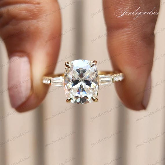 Cushion Cut Moissanite Diamond Engagement Ring Baguette & Pave Accents Ring 14K Solid Gold Ring Promise Ring Wedding Ring Anniversary Gift
