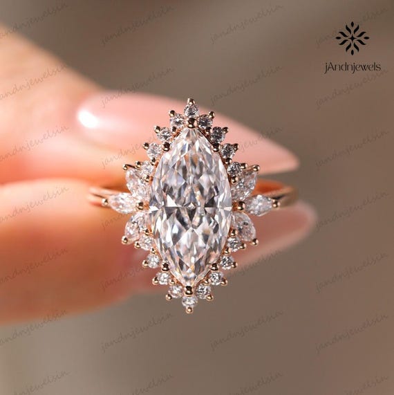 4CT Marquise Cut Moissanite Halo Engagement Ring Floral Cluster Diamond Band 14K Rose Gold Bridal Wedding Ring Anniversary Gift for Women