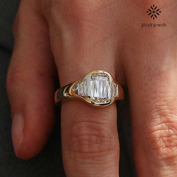 3.5 CT Criss Cut Cushion Moissanite Engagement Ring Bezel Set Art Deco Vintage Wedding Ring Tapered Baguette Side Stones Unique Gold Ring