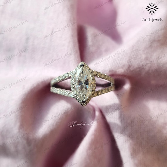 Marquise Cut Moissanite Engagement Ring Split Shank Halo 14K White Gold Vintage Style Solitaire Diamond Pave Bridal Ring Anniversary Gift