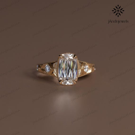 Criss Cut Cushion Moissanite Engagement Ring 14K Gold Vintage Engraved Band Diamond Accent Ring Unique Art Deco Bridal Ring for Her