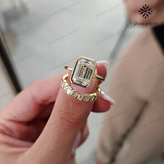 3.50 CT Emerald Cut Moissanite Engagement Ring Set, 14K/18K Solid Gold with Half Eternity Emerald Bezel Band, Wedding Matching Bridal Set