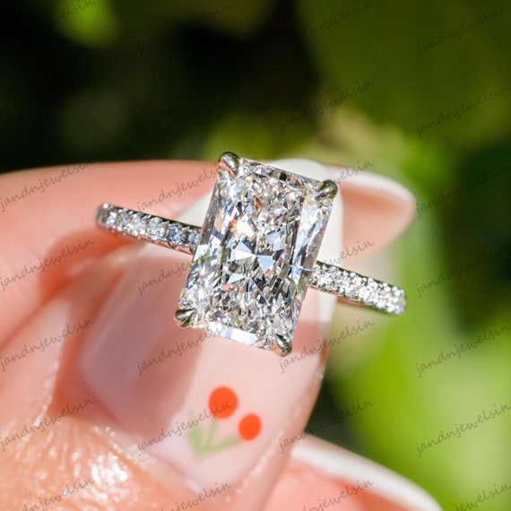 Radiant Cut Moissanite Engagement Ring 4 Prong Pave Diamond Band 3CT Diamond Ring Hidden Halo Ring Proposal Ring Bridal Jewelry