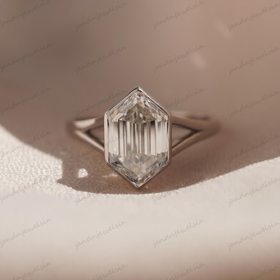 Hexagon Cut Moissanite Diamond Engagement Ring Geometric Bezel Setting Modern 14k White Gold Bridal Ring Unique Wedding Art Deco Ring