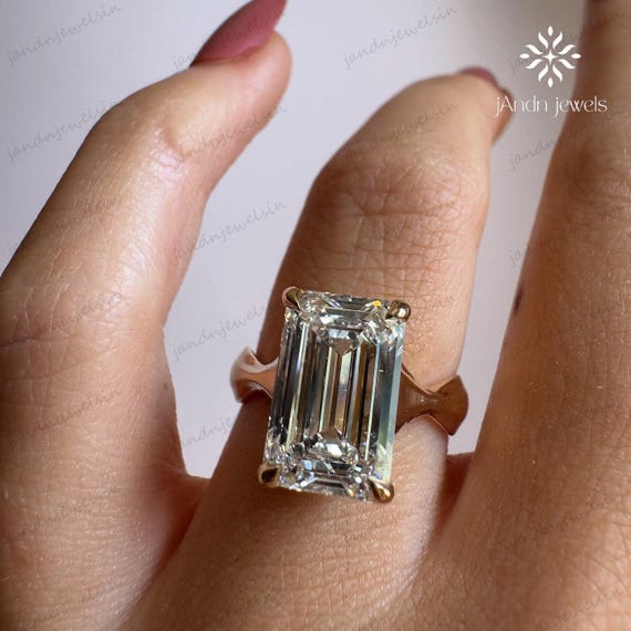 4 CT Emerald Cut Moissanite Engagement Ring Solitaire 14K Gold Vintage Statement Ring Unique Proposal Ring Anniversary Gift for Her