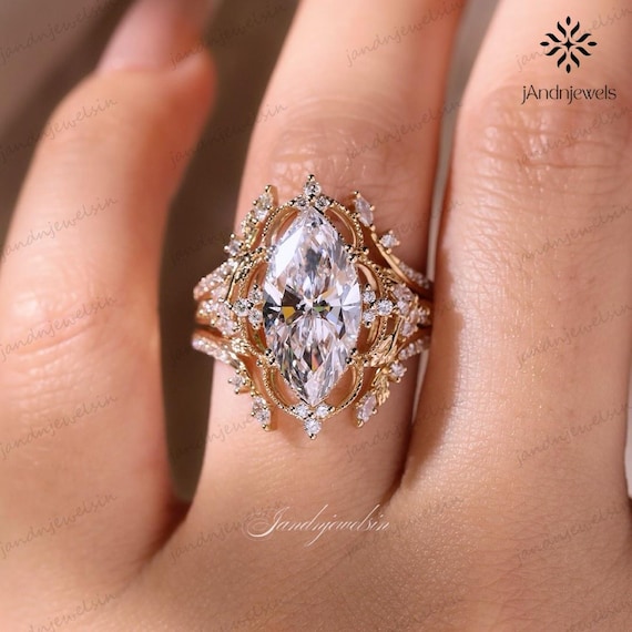 Vintage Inspired Marquise Moissanite Engagement Ring Set 14K Gold Art Deco Wedding Ring Curved Enhancer Band Vintage Ring Guard Bridal Set